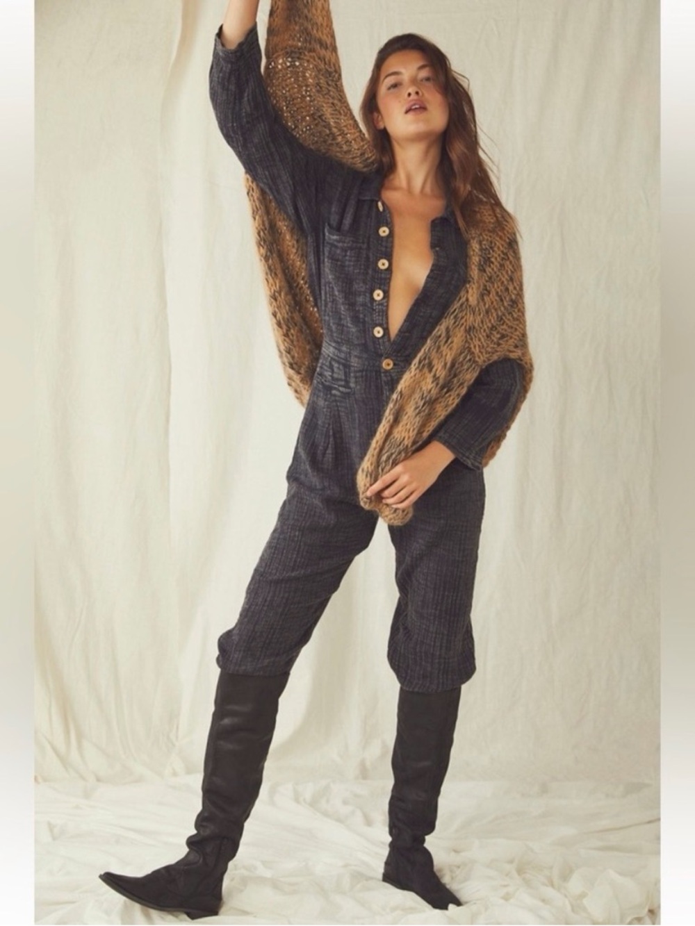 Free People Charcoal Ribbed Button-Front Jumpsuit with Brown Knit Wrap